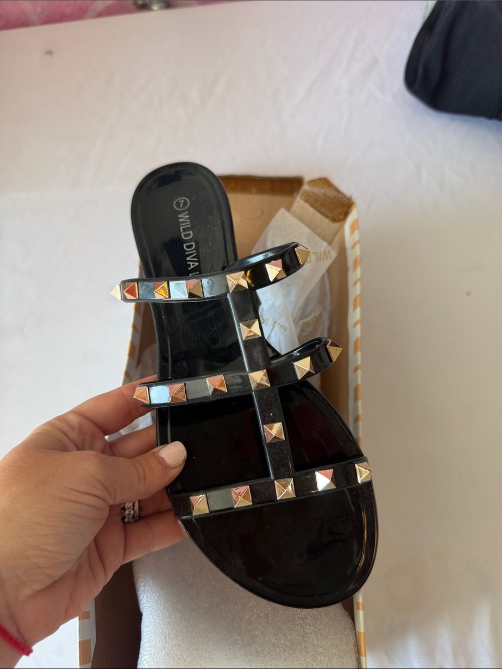 Wild Diva Black Patent Slide Sandals with Gold Pyramid Studs